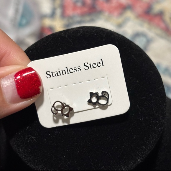Curly Tail Cat Earrings - Stainless Steel, Stud-Style Earrings, Kitty Cat Steel - Picture 3 of 6